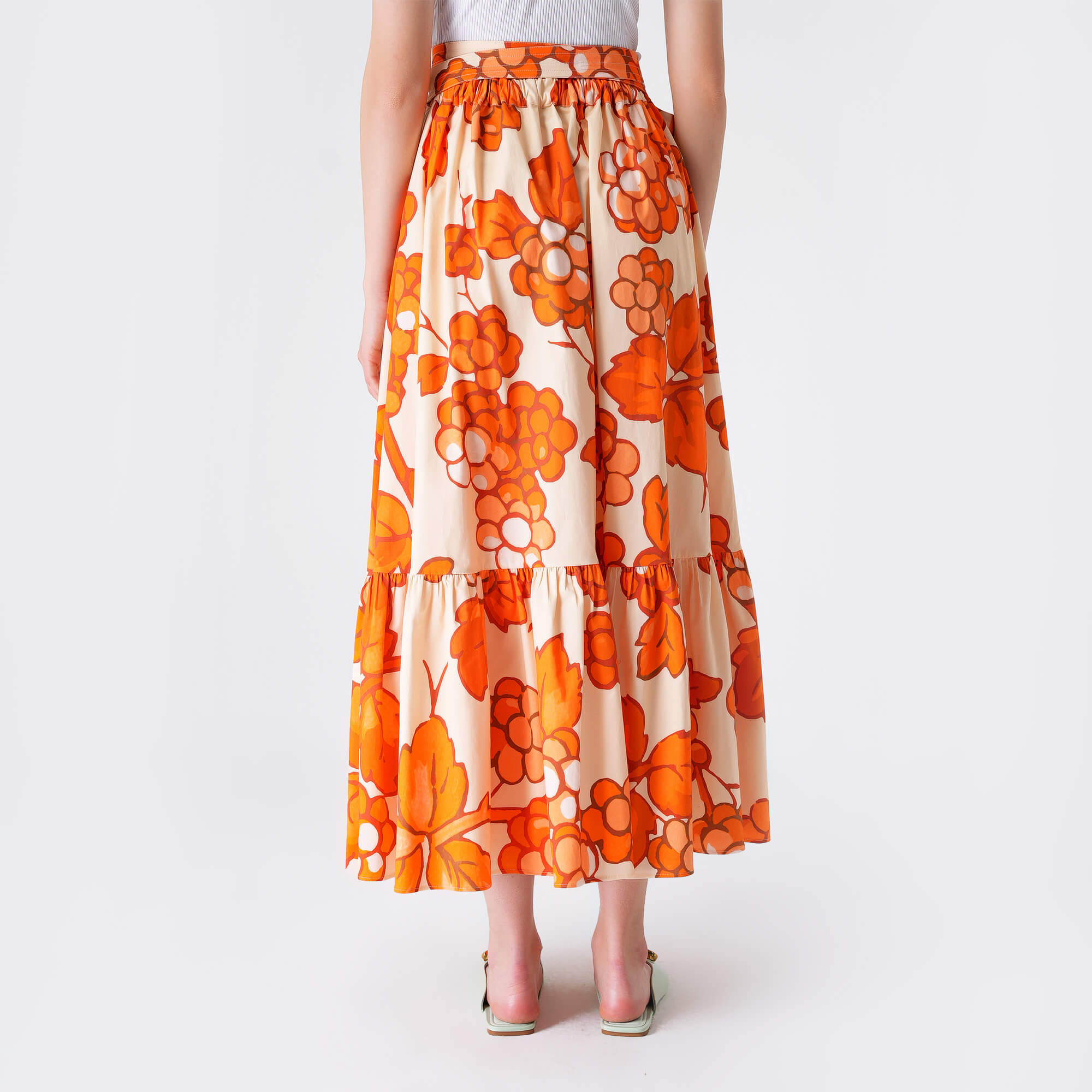 Etro - Orange&Beige Flower Cotton Midi Skirt